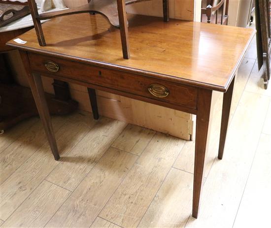 A George III inlaid mahogany side table, fitted single long drawer with stamped brass handles, on square tapered supports, 3ft W.94cm